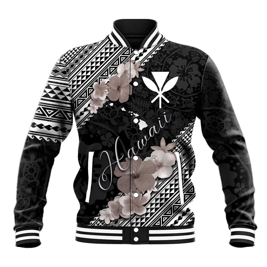 Aloha Hawaii Hibiscus and Plumeria Flowers Baseball Jacket Kanaka Maoli Tattoo Polynesian Pattern Gray Color LT03 Unisex Black - Polynesian Pride