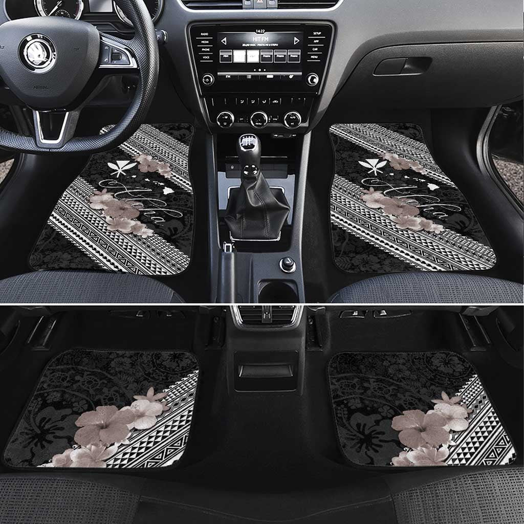 Aloha Hawaii Hibiscus and Plumeria Flowers Car Mats Kanaka Maoli Tattoo Polynesian Pattern Gray Color