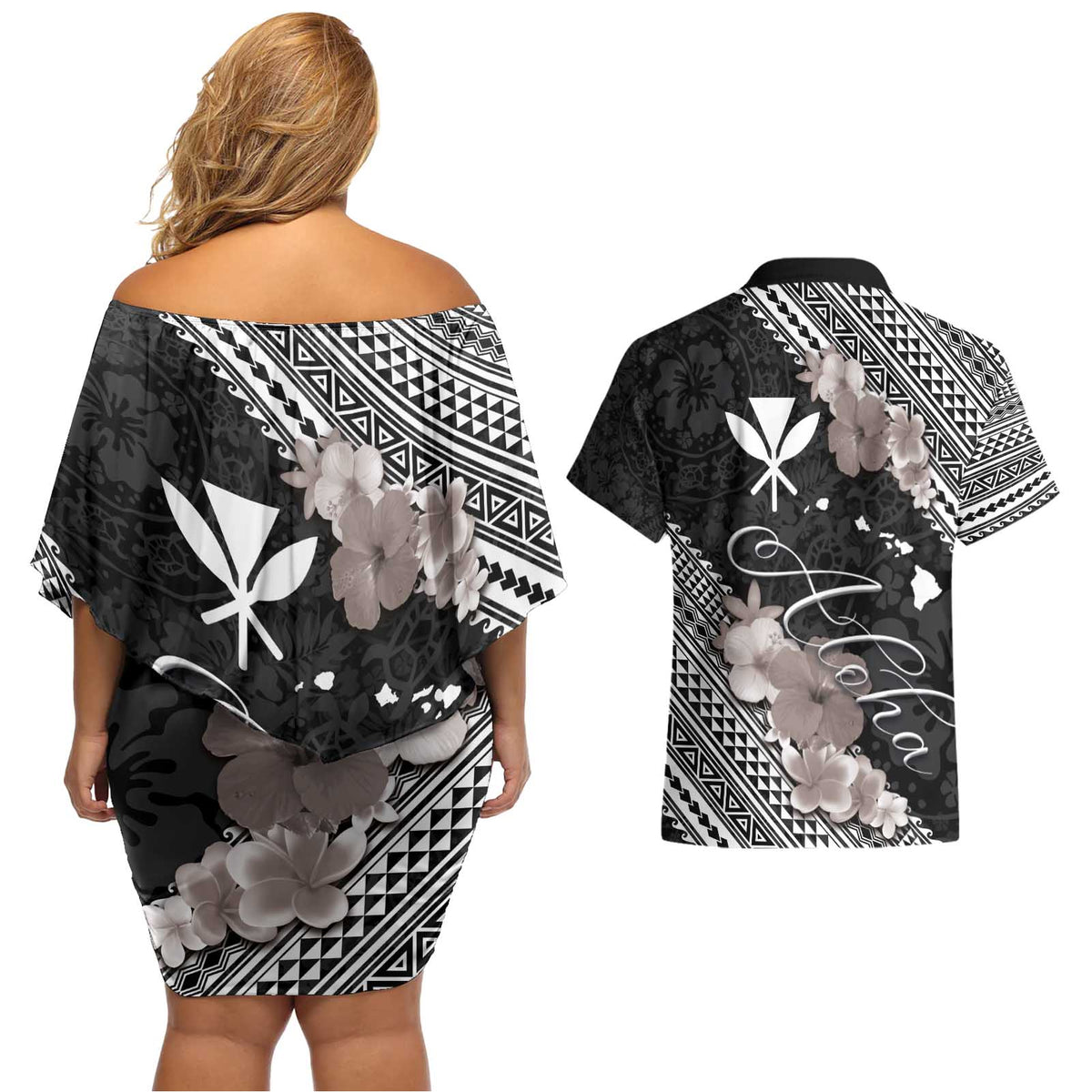 Aloha Hawaii Hibiscus and Plumeria Flowers Couples Matching Off Shoulder Short Dress and Hawaiian Shirt Kanaka Maoli Tattoo Polynesian Pattern Gray Color