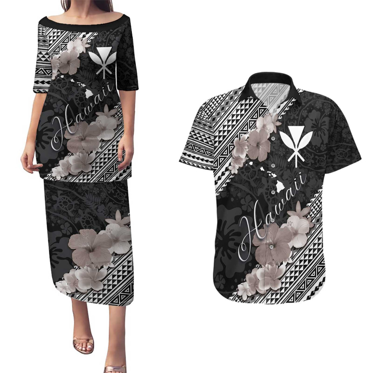 Aloha Hawaii Hibiscus and Plumeria Flowers Couples Matching Puletasi and Hawaiian Shirt Kanaka Maoli Tattoo Polynesian Pattern Gray Color