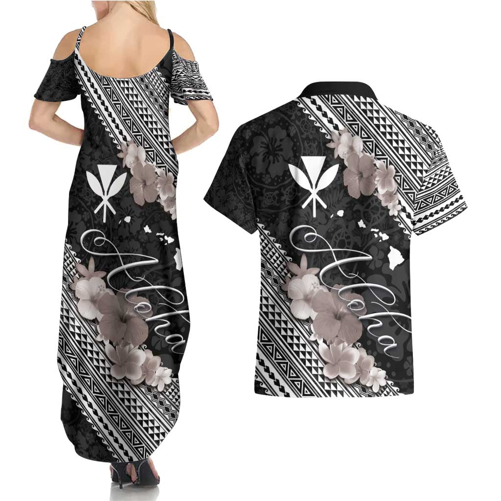 Aloha Hawaii Hibiscus and Plumeria Flowers Couples Matching Summer Maxi Dress and Hawaiian Shirt Kanaka Maoli Tattoo Polynesian Pattern Gray Color