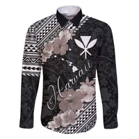 Aloha Hawaii Hibiscus and Plumeria Flowers Family Matching Long Sleeve Bodycon Dress and Hawaiian Shirt Kanaka Maoli Tattoo Polynesian Pattern Gray Color