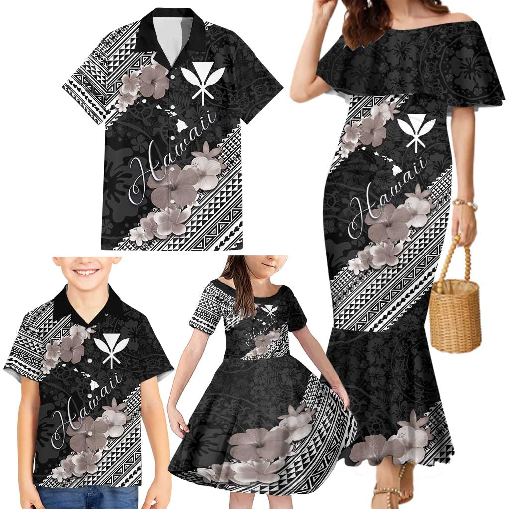 Aloha Hawaii Hibiscus and Plumeria Flowers Family Matching Mermaid Dress and Hawaiian Shirt Kanaka Maoli Tattoo Polynesian Pattern Gray Color