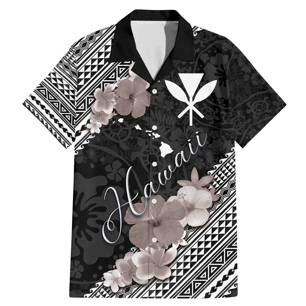 Aloha Hawaii Hibiscus and Plumeria Flowers Family Matching Mermaid Dress and Hawaiian Shirt Kanaka Maoli Tattoo Polynesian Pattern Gray Color