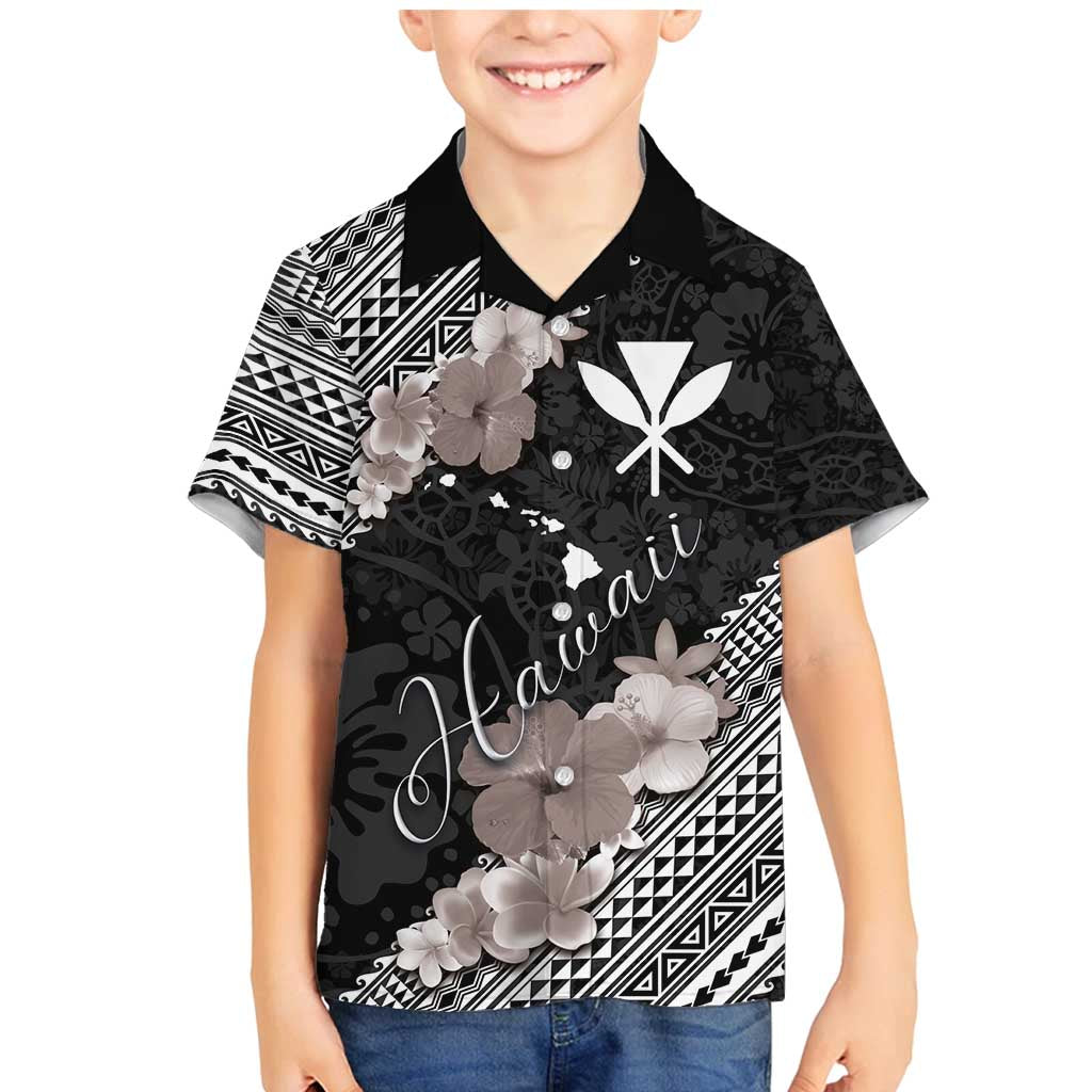 Aloha Hawaii Hibiscus and Plumeria Flowers Family Matching Mermaid Dress and Hawaiian Shirt Kanaka Maoli Tattoo Polynesian Pattern Gray Color