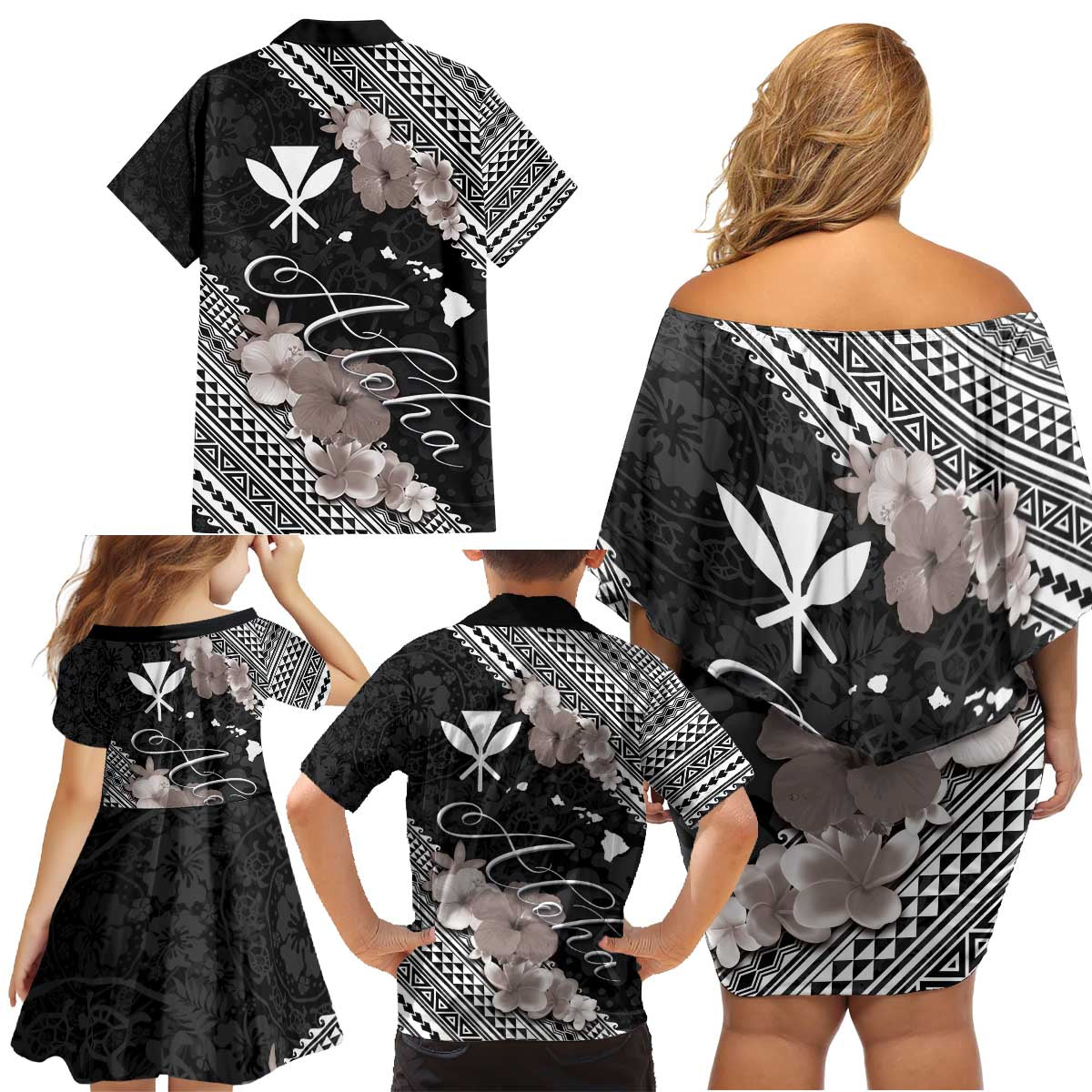 Aloha Hawaii Hibiscus and Plumeria Flowers Family Matching Off Shoulder Short Dress and Hawaiian Shirt Kanaka Maoli Tattoo Polynesian Pattern Gray Color