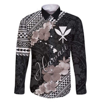 Aloha Hawaii Hibiscus and Plumeria Flowers Family Matching Off Shoulder Short Dress and Hawaiian Shirt Kanaka Maoli Tattoo Polynesian Pattern Gray Color