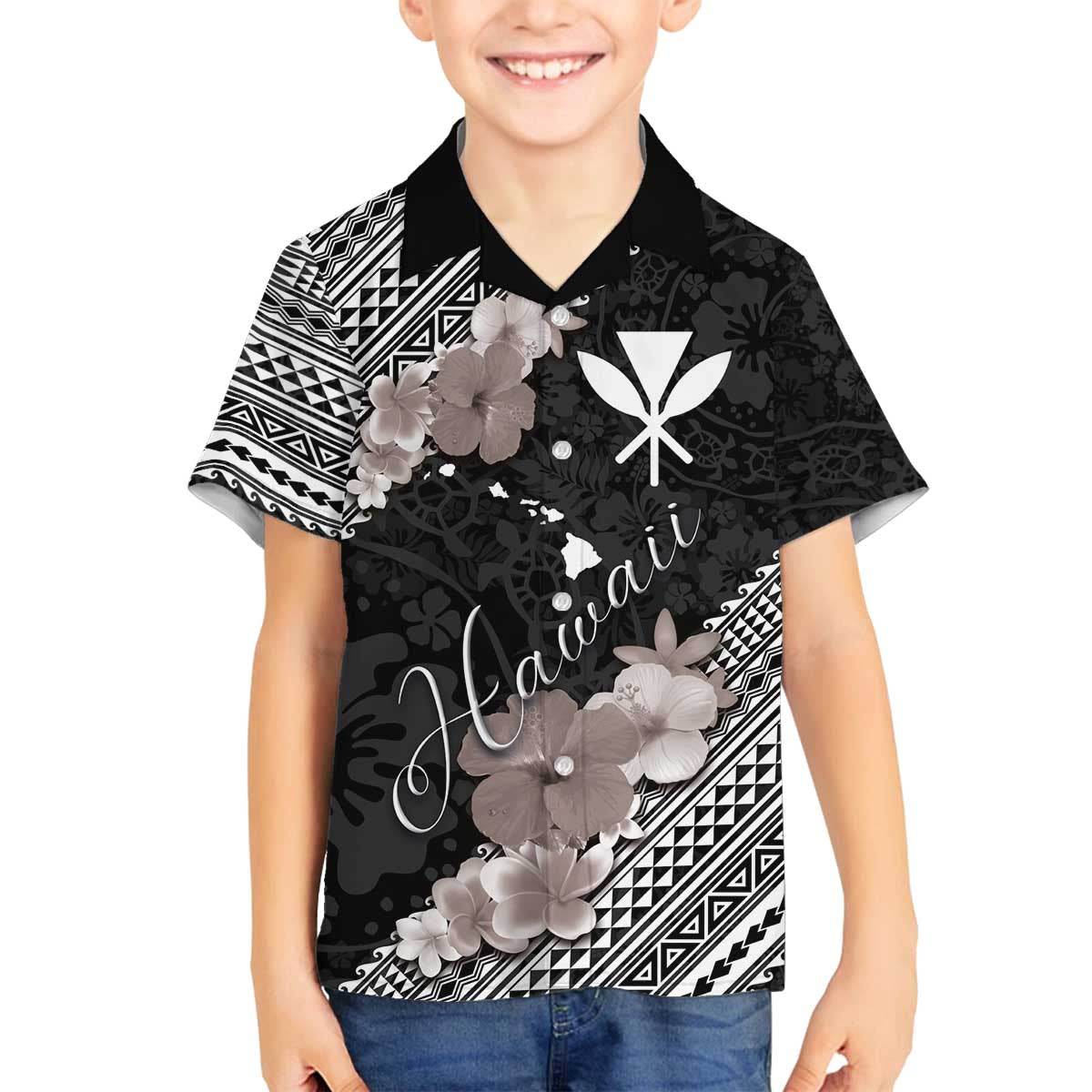 Aloha Hawaii Hibiscus and Plumeria Flowers Family Matching Off Shoulder Short Dress and Hawaiian Shirt Kanaka Maoli Tattoo Polynesian Pattern Gray Color