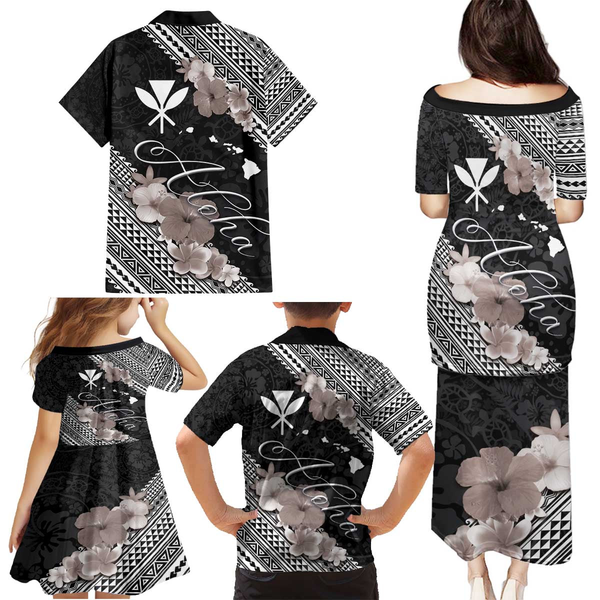 Aloha Hawaii Hibiscus and Plumeria Flowers Family Matching Puletasi and Hawaiian Shirt Kanaka Maoli Tattoo Polynesian Pattern Gray Color LT03 - Polynesian Pride