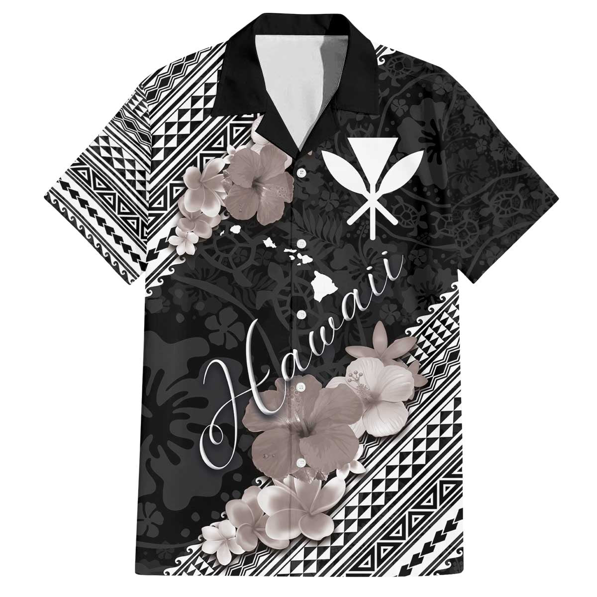 Aloha Hawaii Hibiscus and Plumeria Flowers Family Matching Puletasi and Hawaiian Shirt Kanaka Maoli Tattoo Polynesian Pattern Gray Color LT03 Dad's Shirt - Short Sleeve Black - Polynesian Pride
