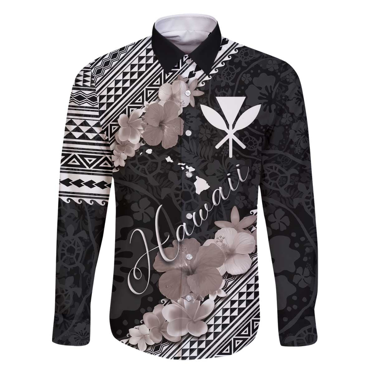 Aloha Hawaii Hibiscus and Plumeria Flowers Family Matching Puletasi and Hawaiian Shirt Kanaka Maoli Tattoo Polynesian Pattern Gray Color LT03 Dad's Shirt - Long Sleeve Black - Polynesian Pride