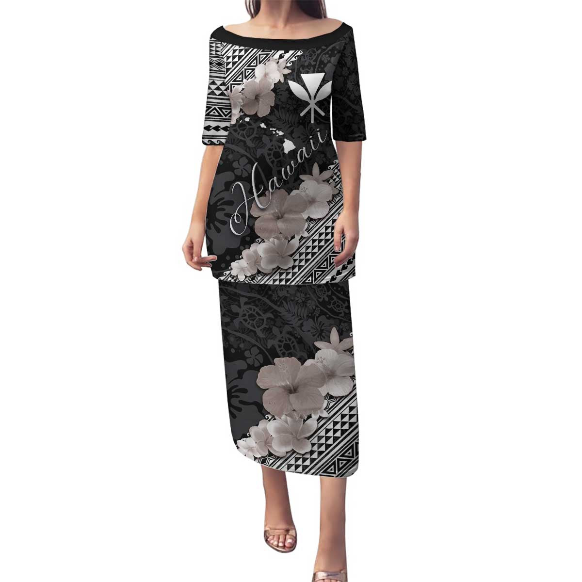 Aloha Hawaii Hibiscus and Plumeria Flowers Family Matching Puletasi and Hawaiian Shirt Kanaka Maoli Tattoo Polynesian Pattern Gray Color LT03 Mom's Dress Black - Polynesian Pride