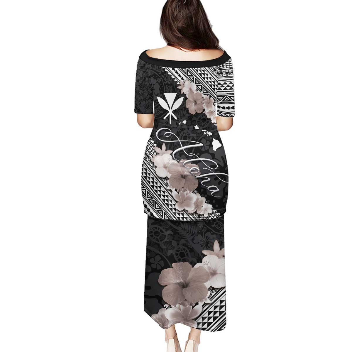 Aloha Hawaii Hibiscus and Plumeria Flowers Family Matching Puletasi and Hawaiian Shirt Kanaka Maoli Tattoo Polynesian Pattern Gray Color LT03 - Polynesian Pride