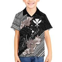 Aloha Hawaii Hibiscus and Plumeria Flowers Family Matching Puletasi and Hawaiian Shirt Kanaka Maoli Tattoo Polynesian Pattern Gray Color LT03 Son's Shirt Black - Polynesian Pride