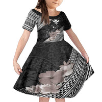 Aloha Hawaii Hibiscus and Plumeria Flowers Family Matching Short Sleeve Bodycon Dress and Hawaiian Shirt Kanaka Maoli Tattoo Polynesian Pattern Gray Color