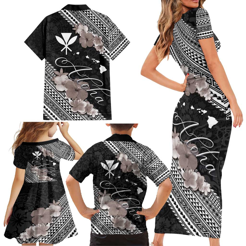 Aloha Hawaii Hibiscus and Plumeria Flowers Family Matching Short Sleeve Bodycon Dress and Hawaiian Shirt Kanaka Maoli Tattoo Polynesian Pattern Gray Color