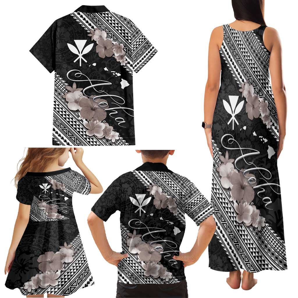 Aloha Hawaii Hibiscus and Plumeria Flowers Family Matching Tank Maxi Dress and Hawaiian Shirt Kanaka Maoli Tattoo Polynesian Pattern Gray Color