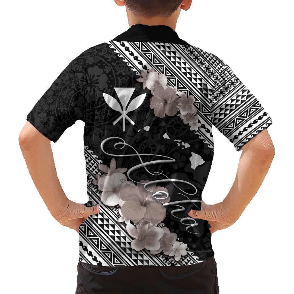 Aloha Hawaii Hibiscus and Plumeria Flowers Kid Hawaiian Shirt Kanaka Maoli Tattoo Polynesian Pattern Gray Color
