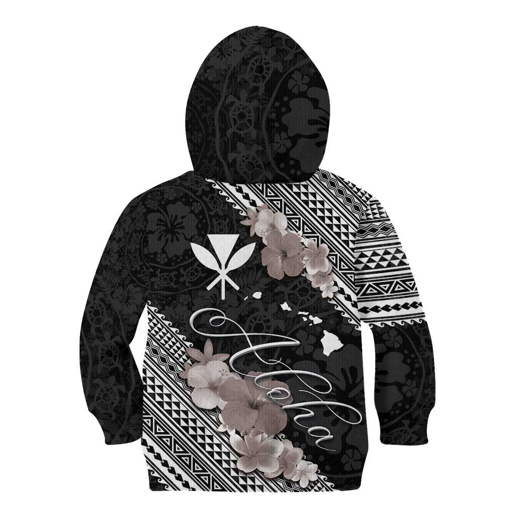 Aloha Hawaii Hibiscus and Plumeria Flowers Kid Hoodie Kanaka Maoli Tattoo Polynesian Pattern Gray Color