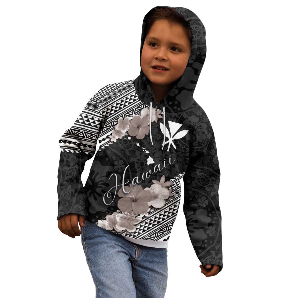 Aloha Hawaii Hibiscus and Plumeria Flowers Kid Hoodie Kanaka Maoli Tattoo Polynesian Pattern Gray Color