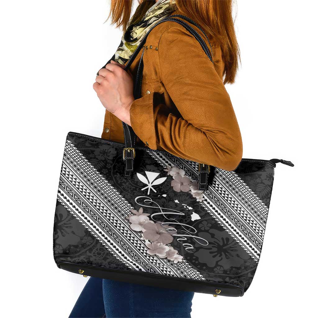 Aloha Hawaii Hibiscus and Plumeria Flowers Leather Tote Bag Kanaka Maoli Tattoo Polynesian Pattern Gray Color LT03 Black - Polynesian Pride