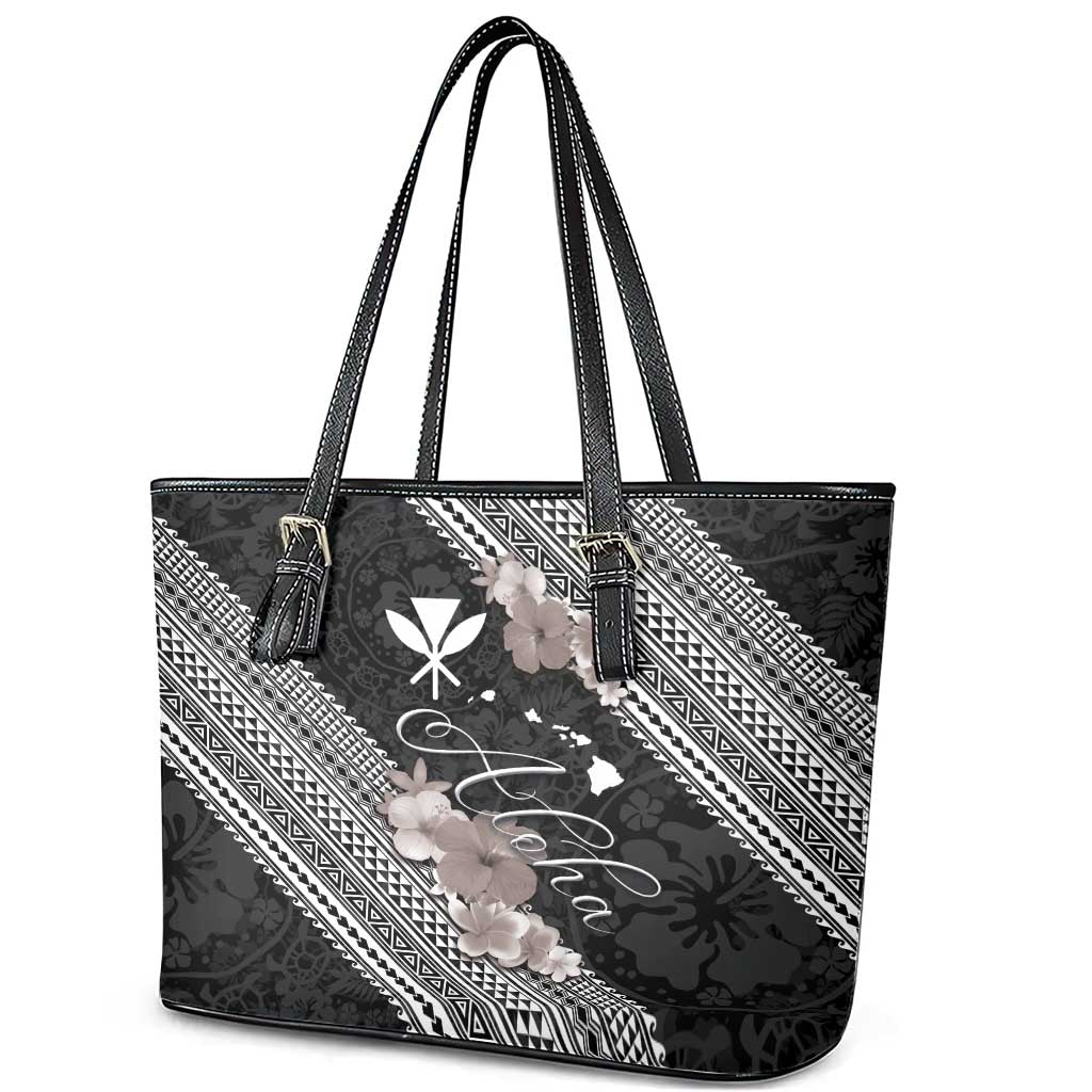 Aloha Hawaii Hibiscus and Plumeria Flowers Leather Tote Bag Kanaka Maoli Tattoo Polynesian Pattern Gray Color LT03 - Polynesian Pride