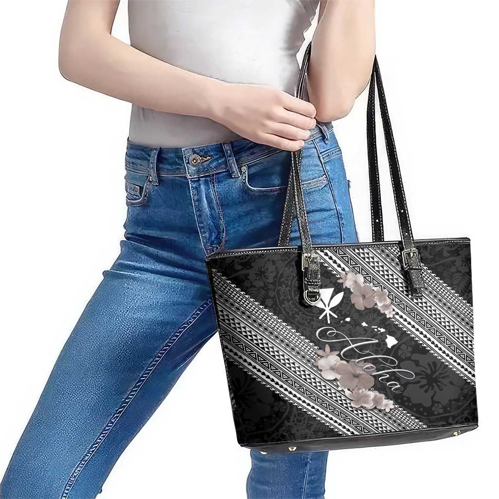 Aloha Hawaii Hibiscus and Plumeria Flowers Leather Tote Bag Kanaka Maoli Tattoo Polynesian Pattern Gray Color LT03 - Polynesian Pride