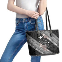 Aloha Hawaii Hibiscus and Plumeria Flowers Leather Tote Bag Kanaka Maoli Tattoo Polynesian Pattern Gray Color LT03 - Polynesian Pride