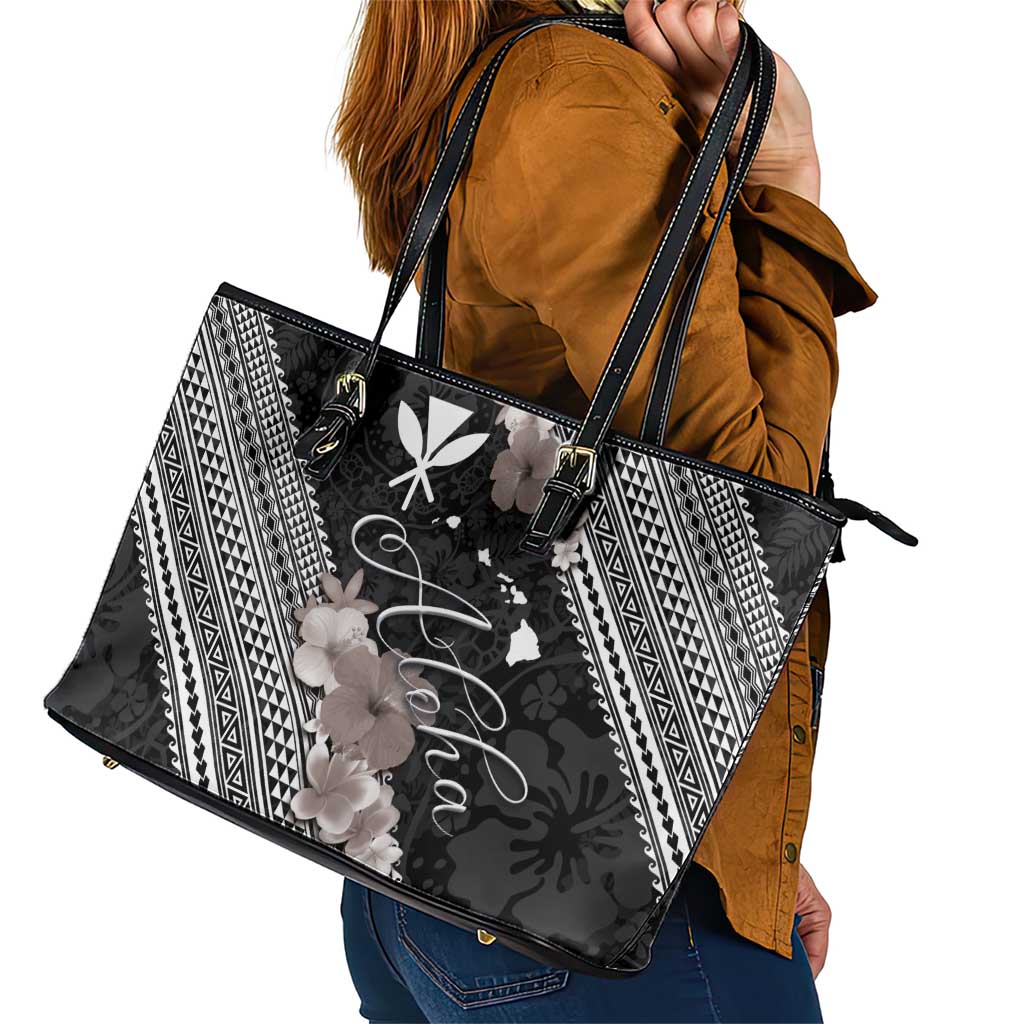 Aloha Hawaii Hibiscus and Plumeria Flowers Leather Tote Bag Kanaka Maoli Tattoo Polynesian Pattern Gray Color LT03 - Polynesian Pride