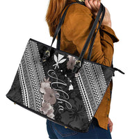Aloha Hawaii Hibiscus and Plumeria Flowers Leather Tote Bag Kanaka Maoli Tattoo Polynesian Pattern Gray Color LT03 - Polynesian Pride