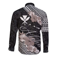 Aloha Hawaii Hibiscus and Plumeria Flowers Long Sleeve Button Shirt Kanaka Maoli Tattoo Polynesian Pattern Gray Color