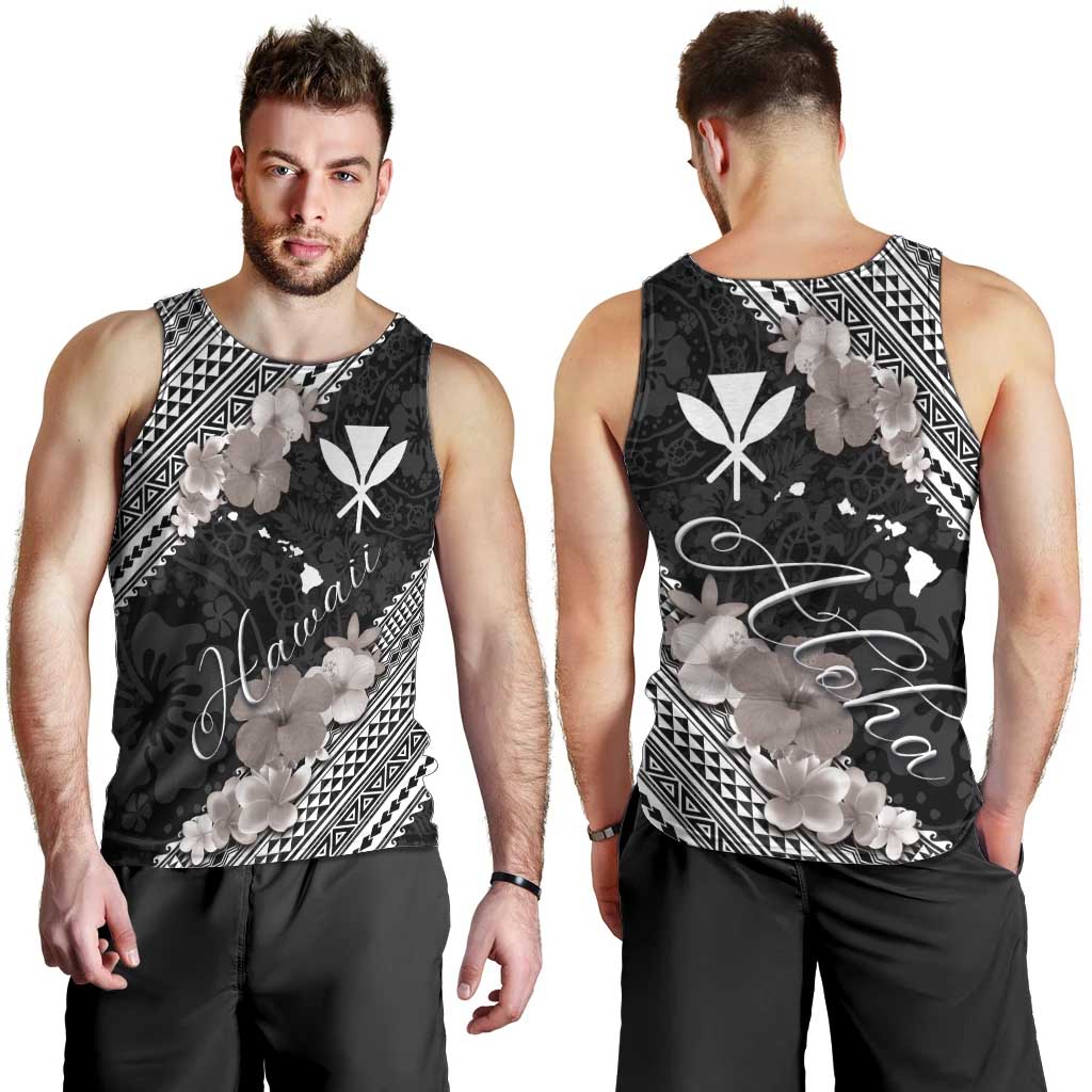 Aloha Hawaii Hibiscus and Plumeria Flowers Men Tank Top Kanaka Maoli Tattoo Polynesian Pattern Gray Color