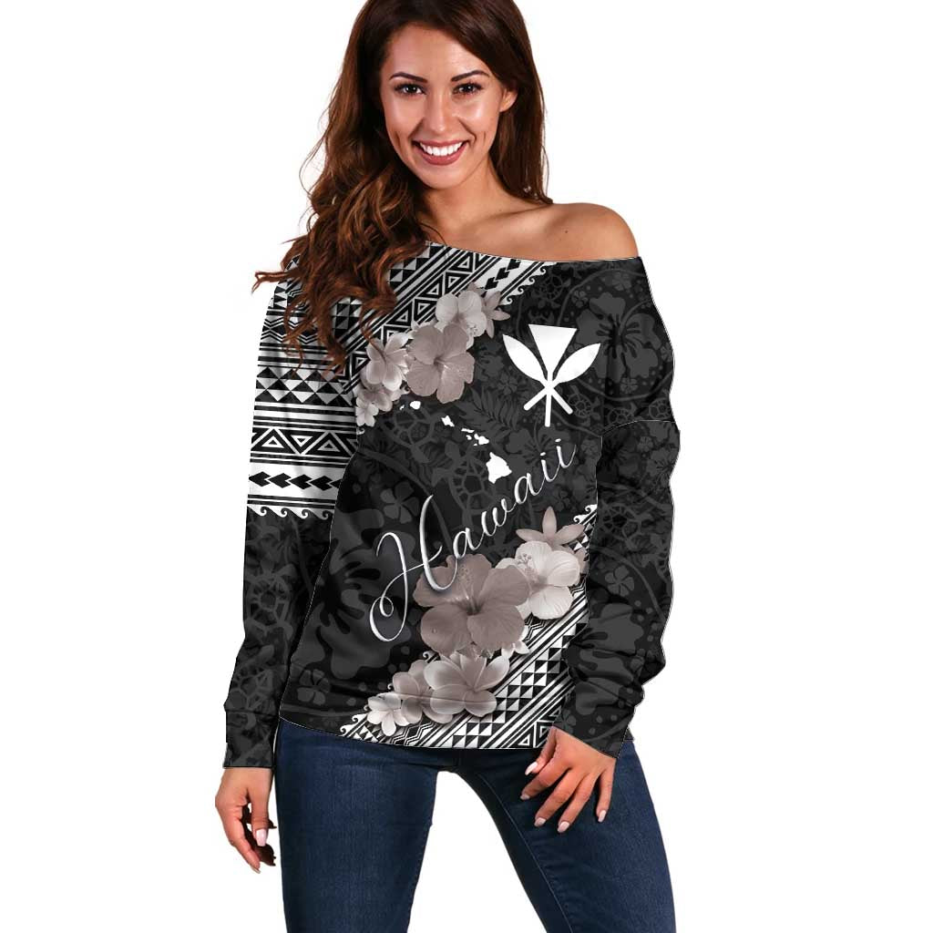 Aloha Hawaii Hibiscus and Plumeria Flowers Off Shoulder Sweater Kanaka Maoli Tattoo Polynesian Pattern Gray Color