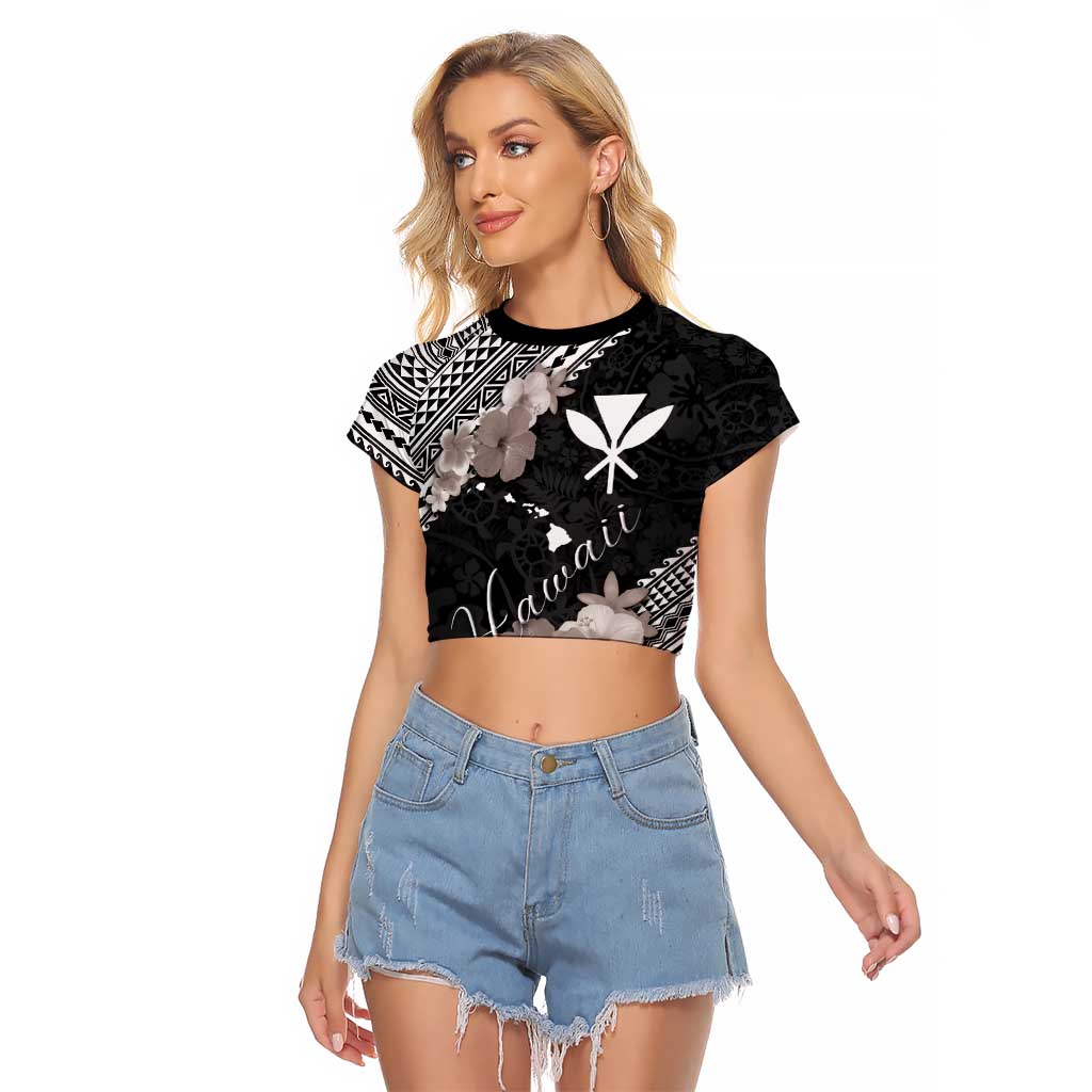 Aloha Hawaii Hibiscus and Plumeria Flowers Raglan Cropped T Shirt Kanaka Maoli Tattoo Polynesian Pattern Gray Color