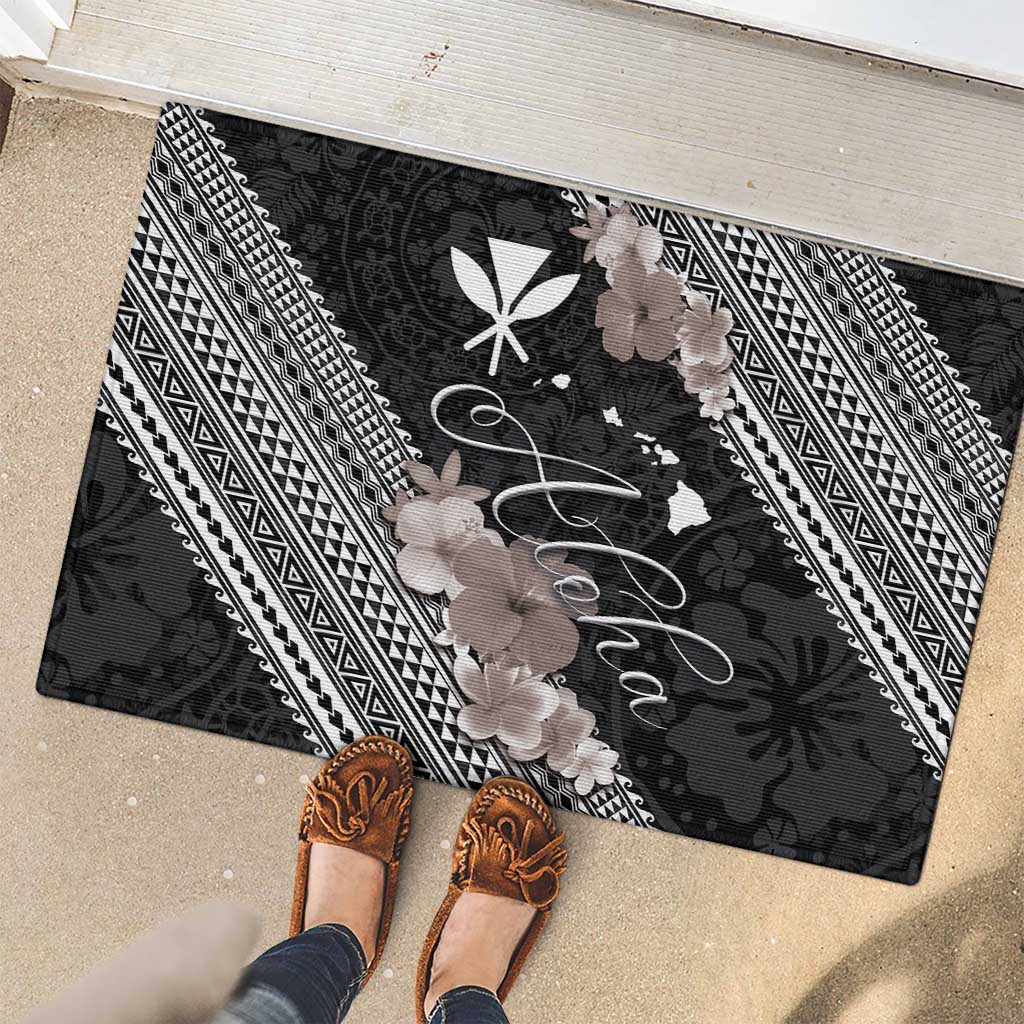 Aloha Hawaii Hibiscus and Plumeria Flowers Rubber Doormat Kanaka Maoli Tattoo Polynesian Pattern Gray Color LT03 - Polynesian Pride