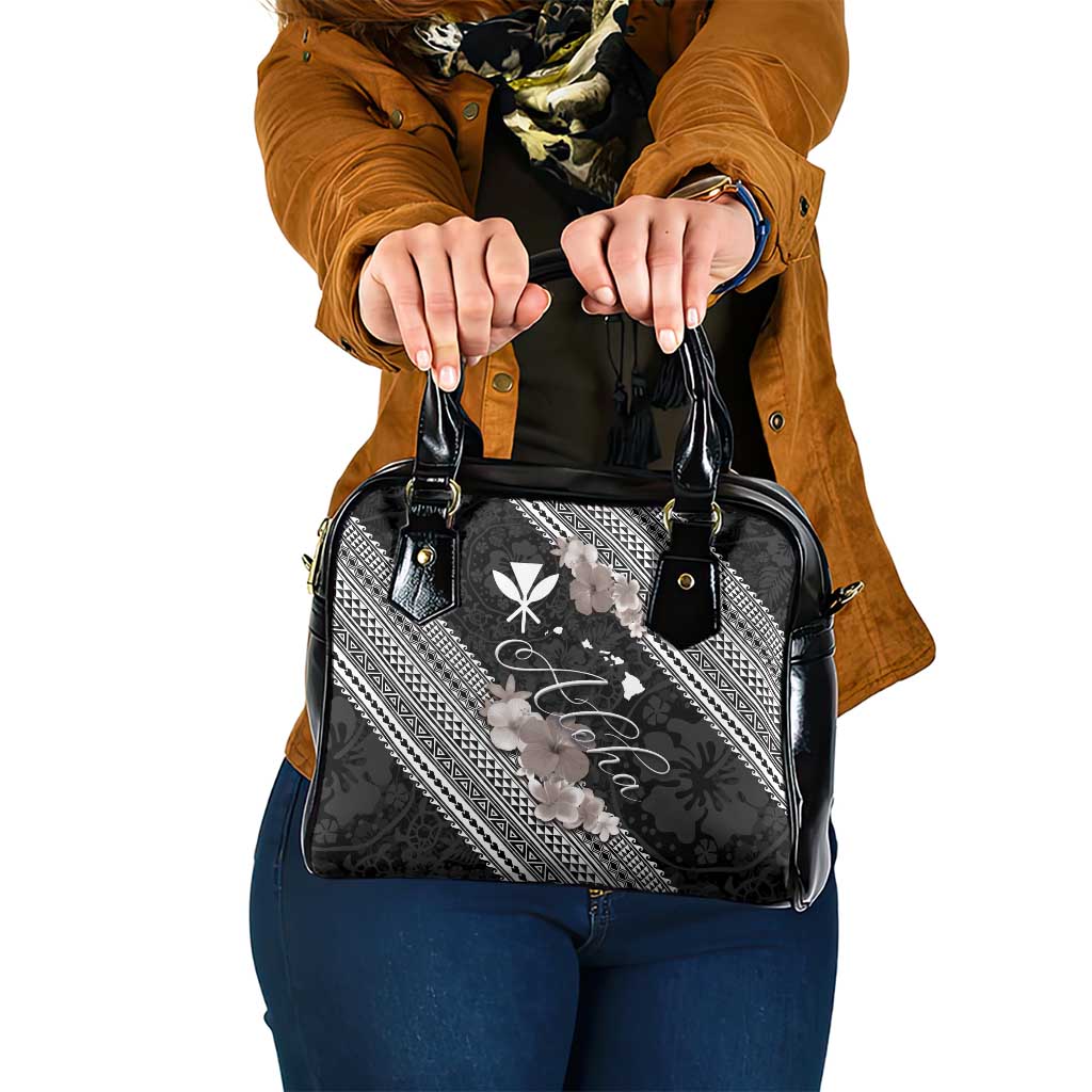 Aloha Hawaii Hibiscus and Plumeria Flowers Shoulder Handbag Kanaka Maoli Tattoo Polynesian Pattern Gray Color LT03 One Size Black - Polynesian Pride