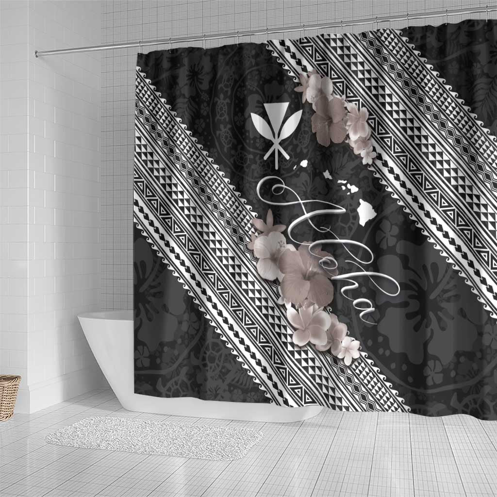 Aloha Hawaii Hibiscus and Plumeria Flowers Shower Curtain Kanaka Maoli Tattoo Polynesian Pattern Gray Color LT03 - Polynesian Pride