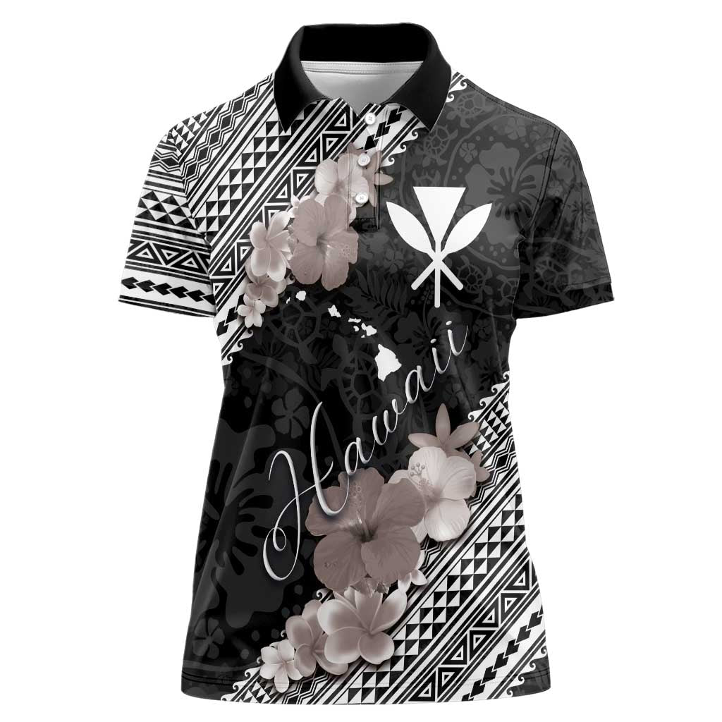 Aloha Hawaii Hibiscus and Plumeria Flowers Women Polo Shirt Kanaka Maoli Tattoo Polynesian Pattern Gray Color