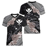 Aloha Hawaii Hibiscus and Plumeria Flowers Women V-Neck T-Shirt Kanaka Maoli Tattoo Polynesian Pattern Gray Color LT03 - Polynesian Pride