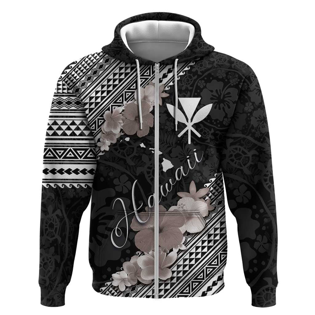 Aloha Hawaii Hibiscus and Plumeria Flowers Zip Hoodie Kanaka Maoli Tattoo Polynesian Pattern Gray Color