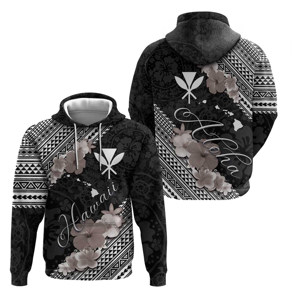 Aloha Hawaii Hibiscus and Plumeria Flowers Zip Hoodie Kanaka Maoli Tattoo Polynesian Pattern Gray Color