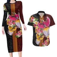 Papua New Guinea Birds and Frangipani Couples Matching Long Sleeve Bodycon Dress and Hawaiian Shirt Melanesian Art Tattoos LT03 Black - Polynesian Pride