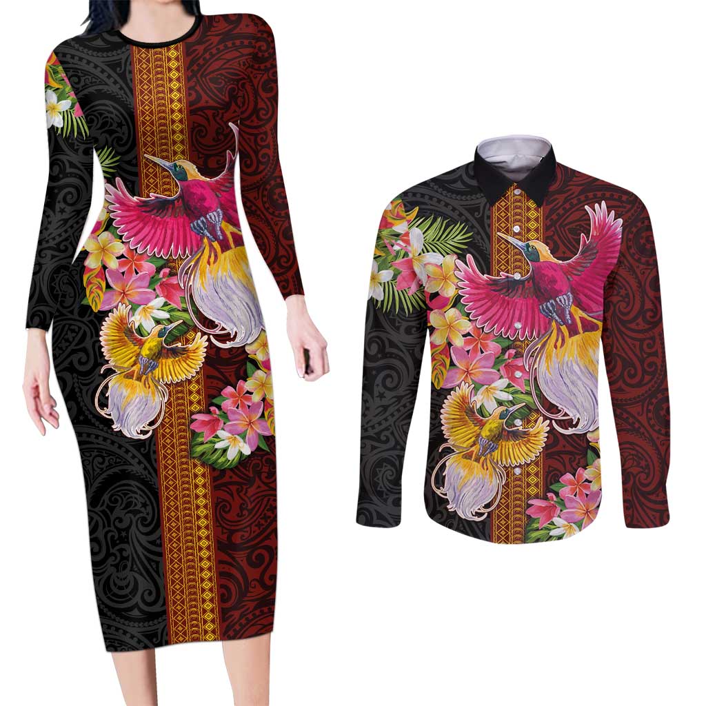 Papua New Guinea Birds and Frangipani Couples Matching Long Sleeve Bodycon Dress and Long Sleeve Button Shirt Melanesian Art Tattoos LT03 Black - Polynesian Pride