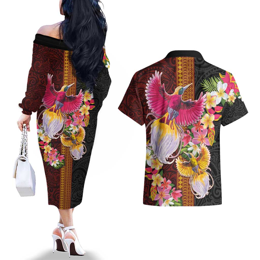 Papua New Guinea Birds and Frangipani Couples Matching Off The Shoulder Long Sleeve Dress and Hawaiian Shirt Melanesian Art Tattoos - Polynesian Pride