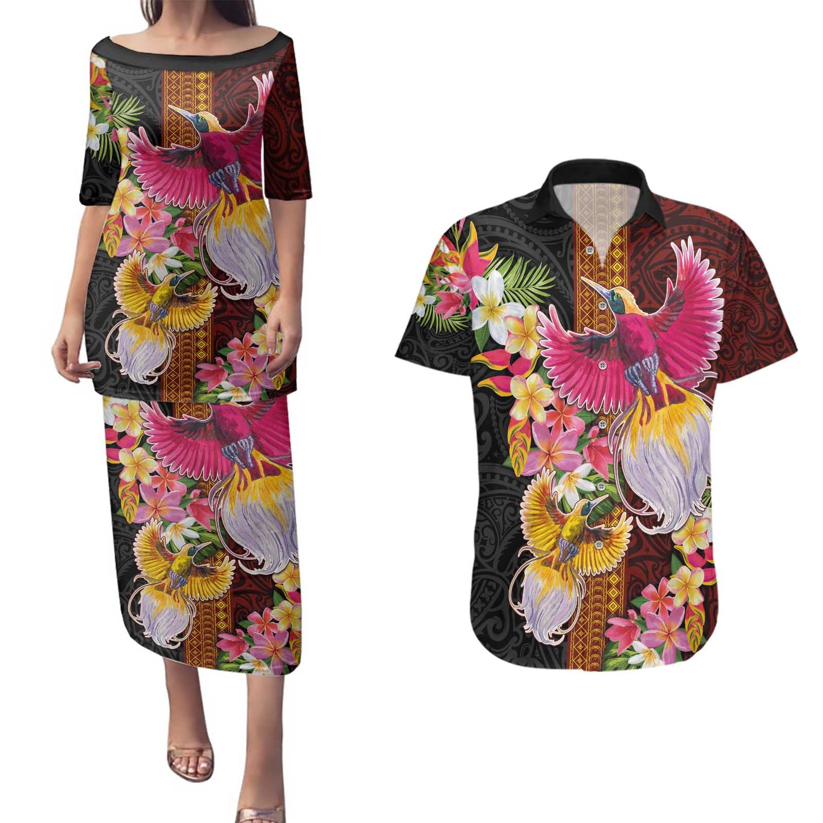 Papua New Guinea Birds and Frangipani Couples Matching Puletasi and Hawaiian Shirt Melanesian Art Tattoos - Polynesian Pride