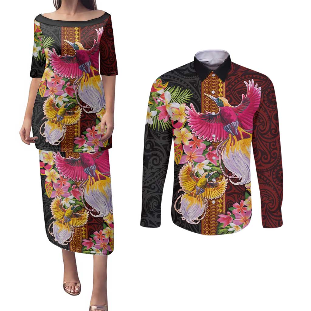 Papua New Guinea Birds and Frangipani Couples Matching Puletasi and Long Sleeve Button Shirt Melanesian Art Tattoos - Polynesian Pride