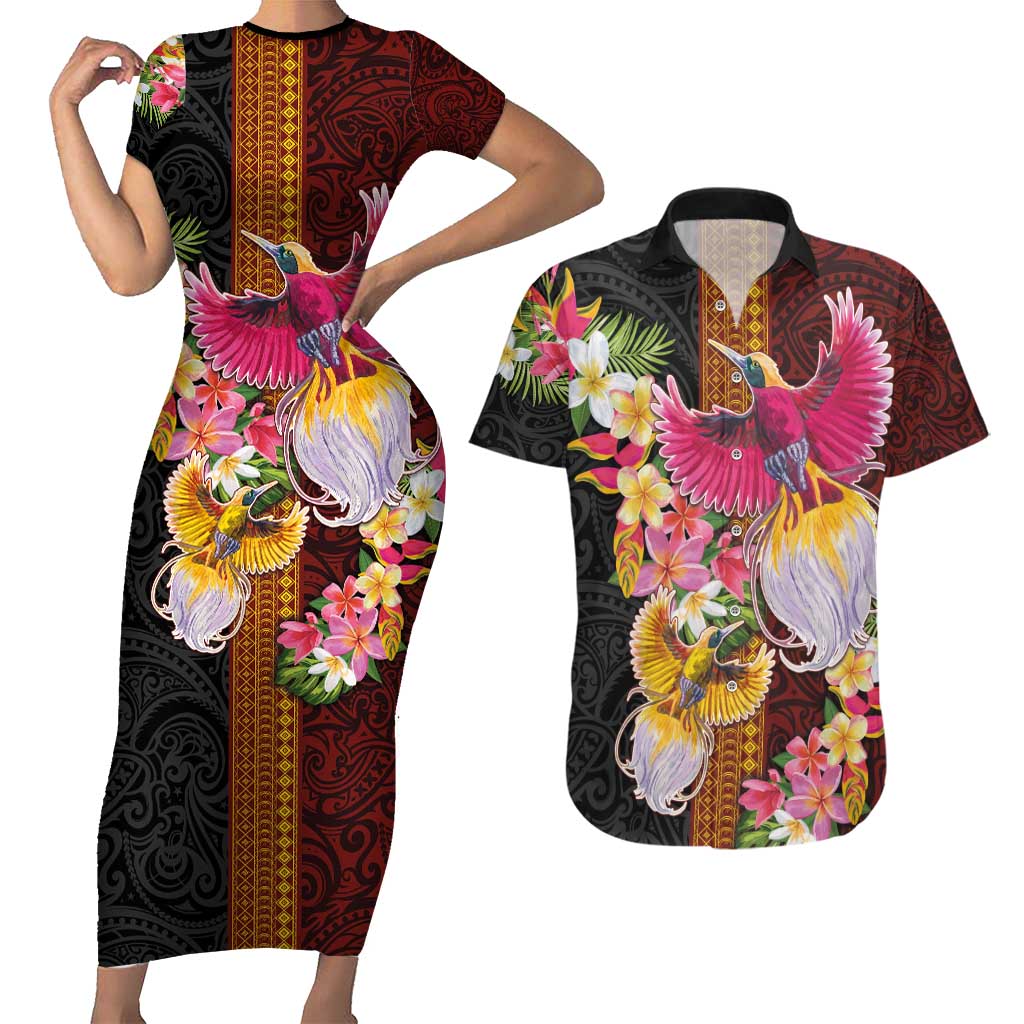 Papua New Guinea Birds and Frangipani Couples Matching Short Sleeve Bodycon Dress and Hawaiian Shirt Melanesian Art Tattoos LT03 Black - Polynesian Pride