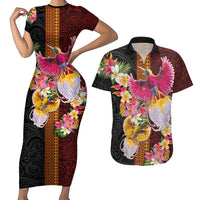 Papua New Guinea Birds and Frangipani Couples Matching Short Sleeve Bodycon Dress and Hawaiian Shirt Melanesian Art Tattoos LT03 Black - Polynesian Pride