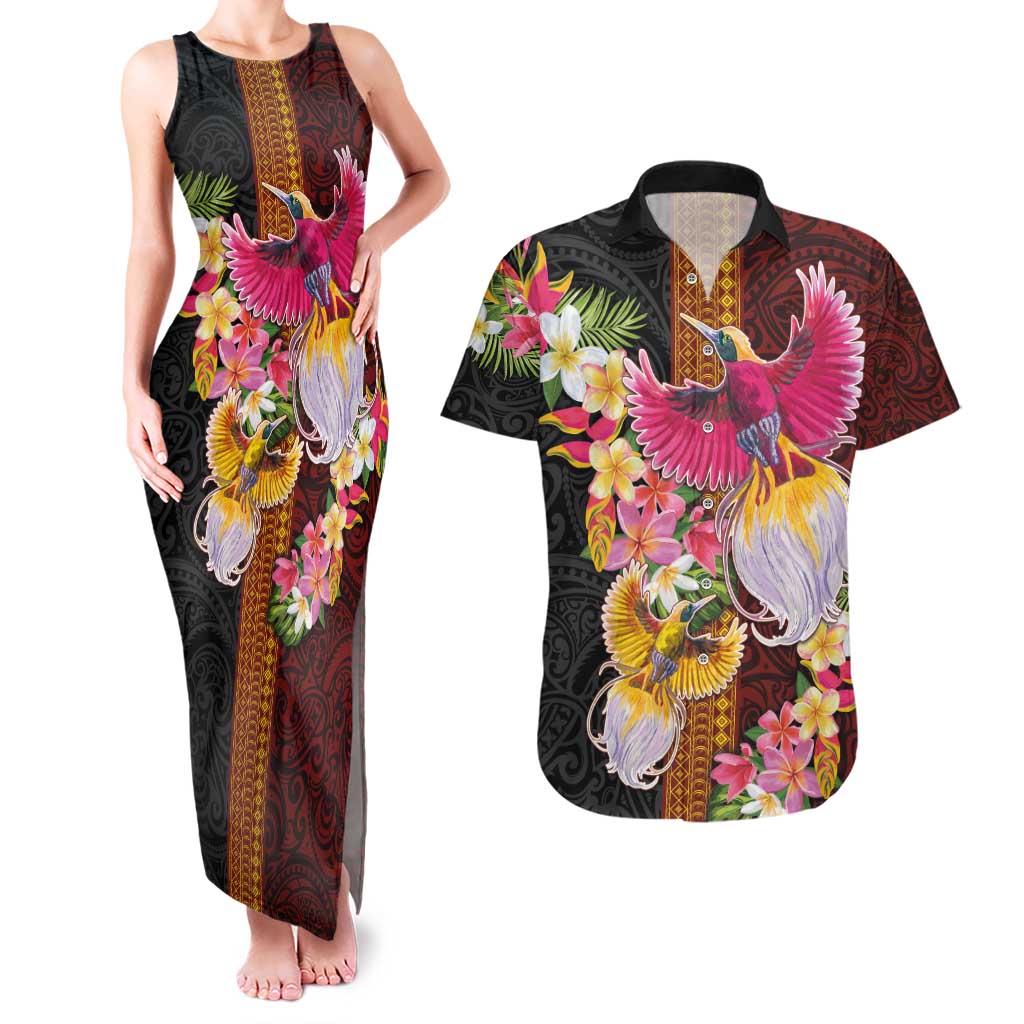 Papua New Guinea Birds and Frangipani Couples Matching Tank Maxi Dress and Hawaiian Shirt Melanesian Art Tattoos LT03 Black - Polynesian Pride