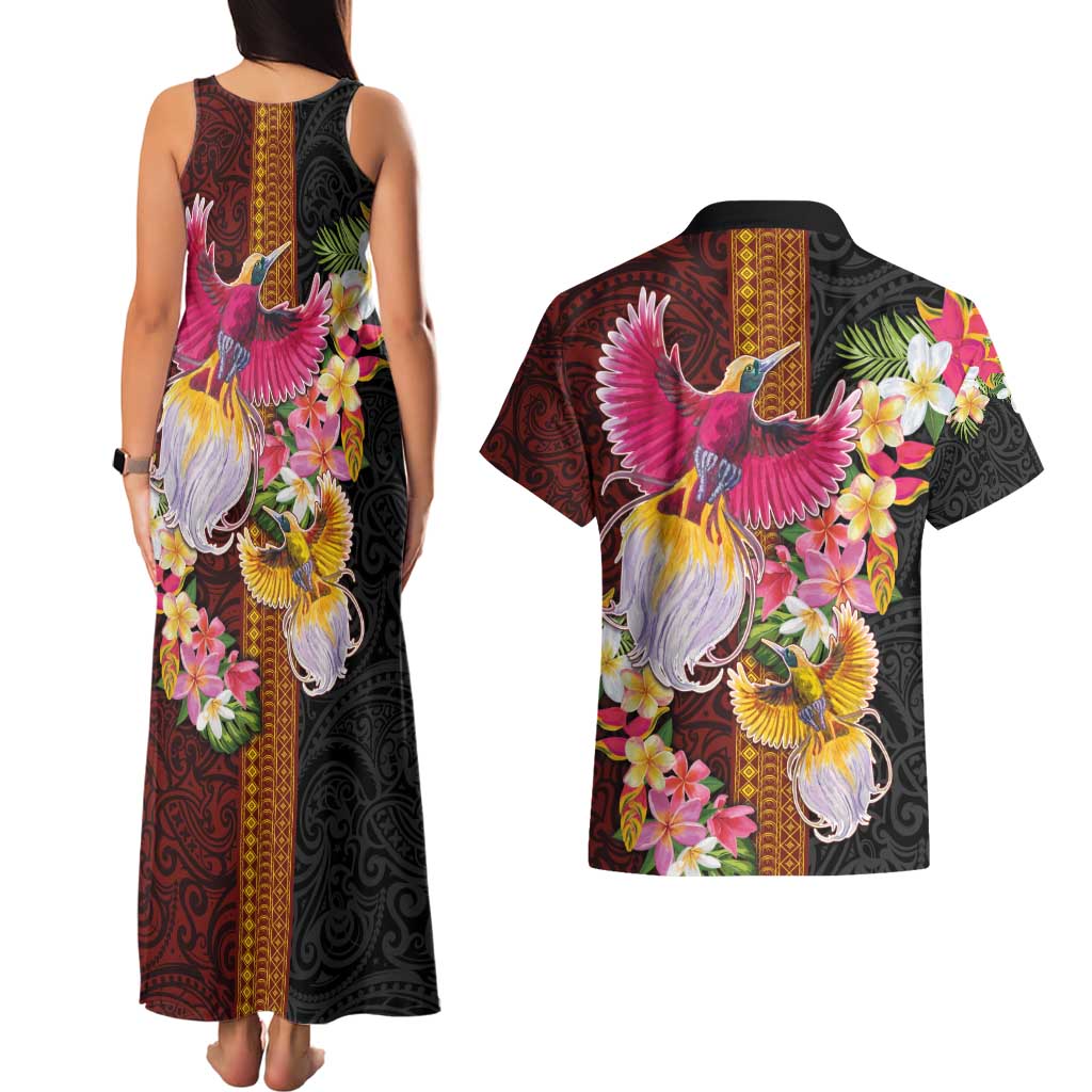 Papua New Guinea Birds and Frangipani Couples Matching Tank Maxi Dress and Hawaiian Shirt Melanesian Art Tattoos LT03 - Polynesian Pride